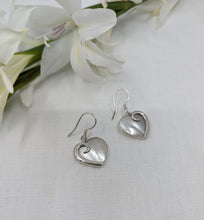 Load image into Gallery viewer, Mother of pearl dangle and drop heart earrings with decorative silver curl
