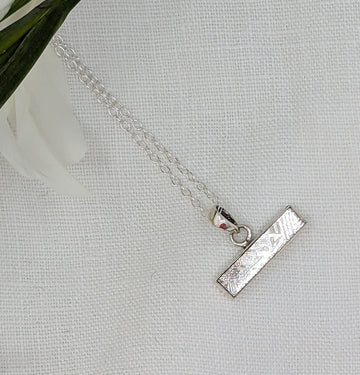 Meteorite slice set in a silver horizontal bar pendant on a rope chain