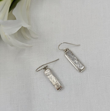 Long rectangular meteorite slices set in a double bezel silver setting as dangle and drop earrings