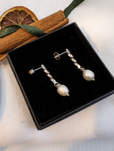Load image into Gallery viewer, Silver Twisted Bar with Pearl Drop Earrings
