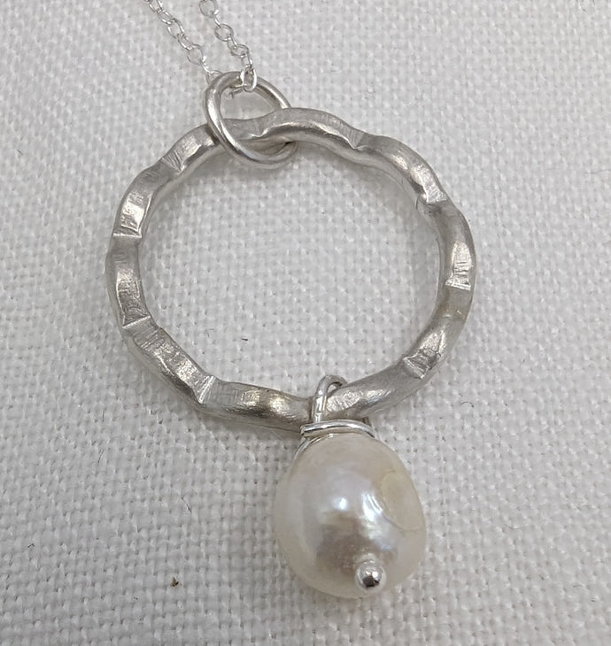 Handmade Wave Circle Pendant with Bottom Pearl Drop Large