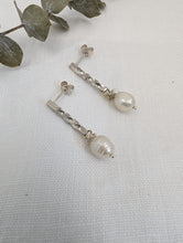 Load image into Gallery viewer, Silver Twisted Bar with Pearl Drop Earrings
