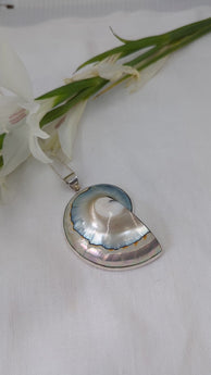 Pearlescent nautilus shell pendant in silver surround