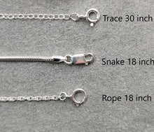 Load image into Gallery viewer, Three chain options for combining with pendant, silver trace chain 20 and 30 inches in length, Silver Snake chain 18 inches in length, silver Rope chain 18 inches in length
