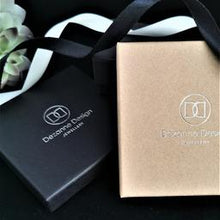 Load image into Gallery viewer, Packaging with Dezanne Design Jewellery logo, one black box with ribbon and one natural box with ribbon
