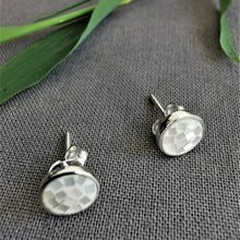Load image into Gallery viewer, Mother of pearl mosaic pieces in round silver earrings with stud backs
