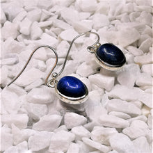 Load image into Gallery viewer, Blue lapis lazuli ovals set in silver as drop earrings

