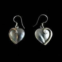 Load image into Gallery viewer, other of pearl dangle and drop heart earrings with decorative silver curl
