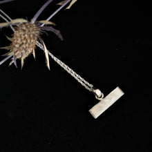Load image into Gallery viewer, Meteorite slice set in a silver horizontal bar pendant on a rope chain
