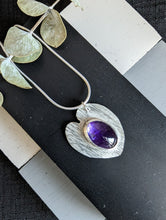 Load image into Gallery viewer, Textured heart shaped ecosilver pendant set with an oval amethyst
