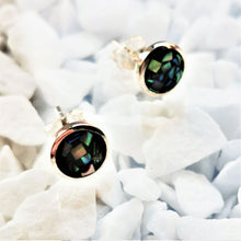 Load image into Gallery viewer, Paua shell mosaic pieces set in silver round  earrings with stud backs
