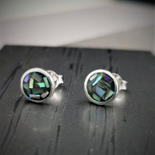 Load image into Gallery viewer, Paua shell mosaic pieces set in silver round  earrings with stud backs
