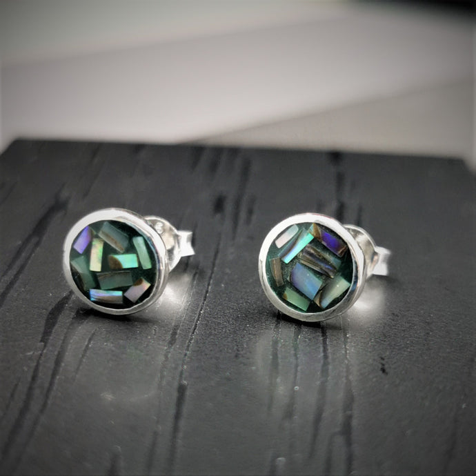 Paua shell mosaic pieces set in silver round  earrings with stud backs