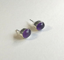 Load image into Gallery viewer, Amethyst oval earrings set in sterling silver with stud backs
