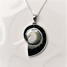 Load image into Gallery viewer, Black nautilus shell pendant with silver surround

