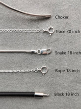 Load image into Gallery viewer, Five chain options for combining with pendant, silver choker, silver trace chain 30 inches in length, silver Snake chain 18 inches in length, silver Rope chain 18 inches in length, rubber choker
