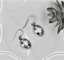 Load image into Gallery viewer, Faceted clear quartz crystal ovals set in solid silver as drop earrings 
