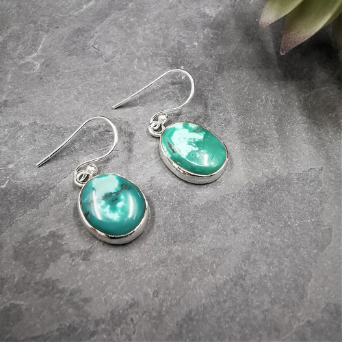 Dappled turquoise ovals set in silver dangle and drop earrings