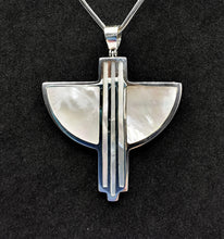 Load image into Gallery viewer, Mother of pearl and silver art deco style silver pendant in semi circular shape
