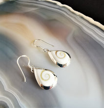 Load image into Gallery viewer, Shiva eye shell teardrops set in silver dangle and drop earrings
