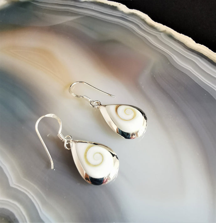Shiva eye shell teardrops set in silver teardrop dangle and drop earrings