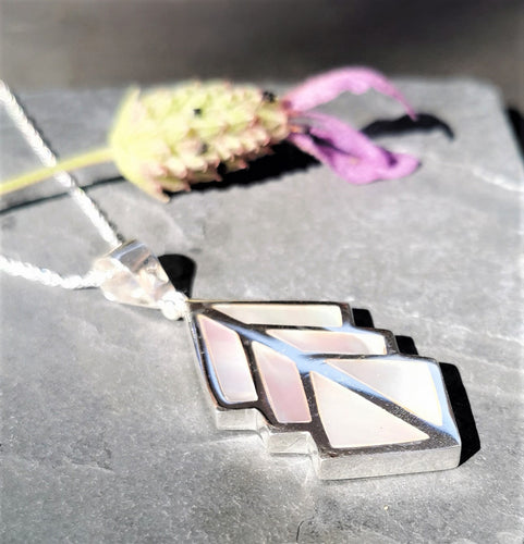 Mother of pearl and silver angular leaf shape pendant