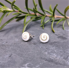 Load image into Gallery viewer, Shiva eye rounds set in silver round earrings with stud backs
