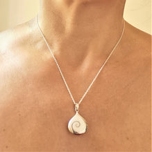 Load image into Gallery viewer, Polished shiva eye shell teardrop set in a silver pendant on a rope chain 
